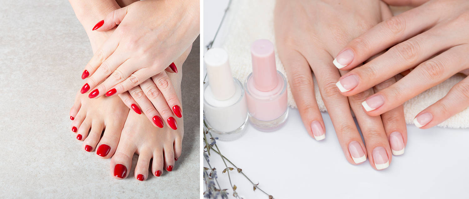 Young lady is showing her red manicure nails