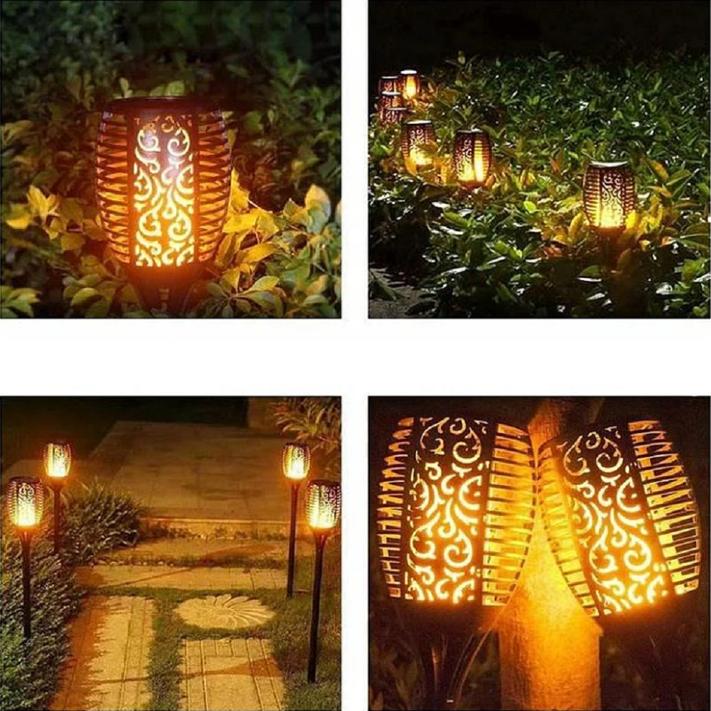 4 darabos földbe szúrható napelemes kerti lámpa – fáklyát imitáló láng hatással, meleg fehér (BB-15376) (2)