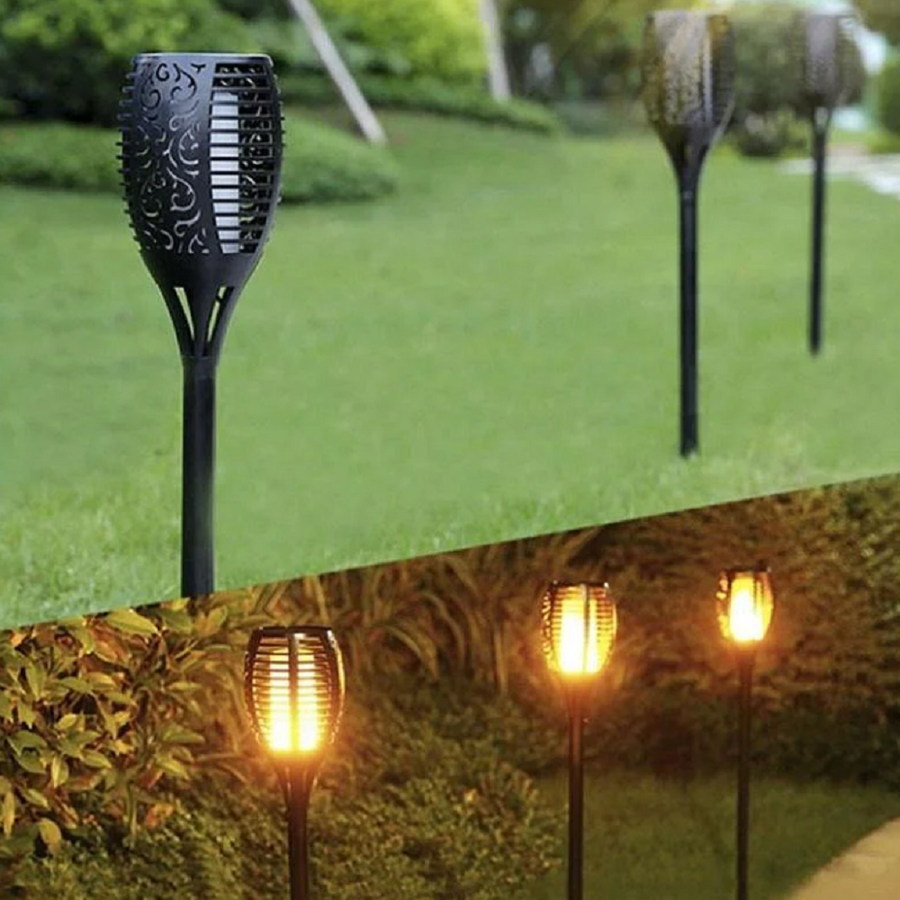 4 darabos földbe szúrható napelemes kerti lámpa – fáklyát imitáló láng hatással, meleg fehér (BB-15376) (4)