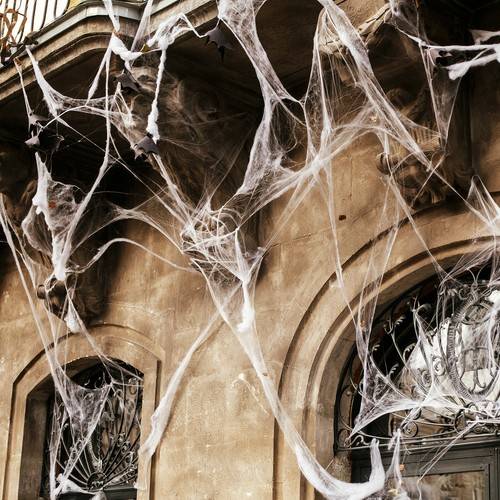 Spooky spider web on building facade in city street, holiday dec