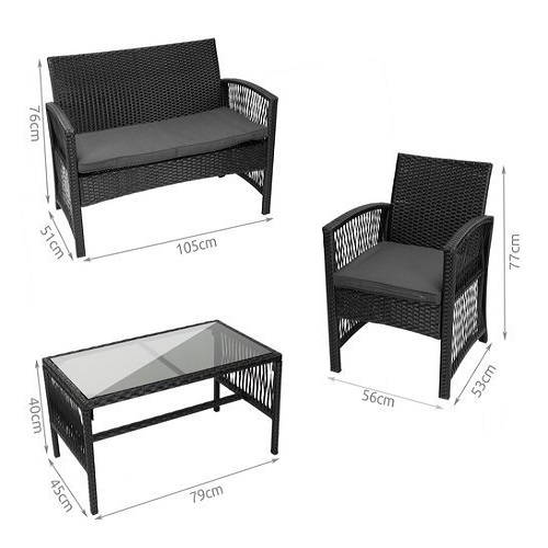 4 részes elegáns megjelenésű kerti rattan bútorkészlet – 1 darab fotellal, 2 darab székkel, párnákkal, 1 darab üveglapos asztallal (BB-11962) (1)