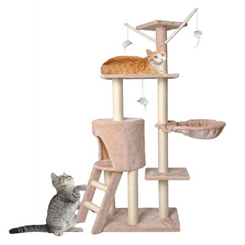 Macska mászóka kaparófával, fekvőhellyel, kuckóval és játék egerekkel – 138 x 55 cm (BB-7928) (8)
