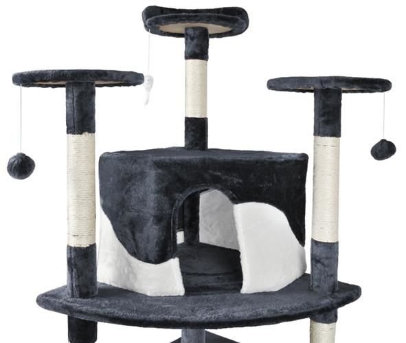 Macska mászóka kaparófával, fekvőhelyekkel, kuckóval és játék labdákkal – 200 x 130 x 58 cm, fehér-szürke (BB-2782) (10)